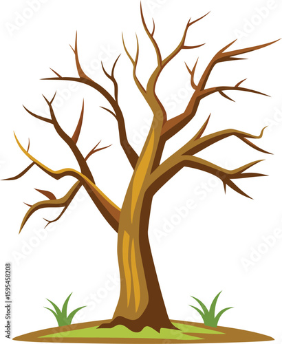 Bare autumn tree with sparse grass isolated on white background