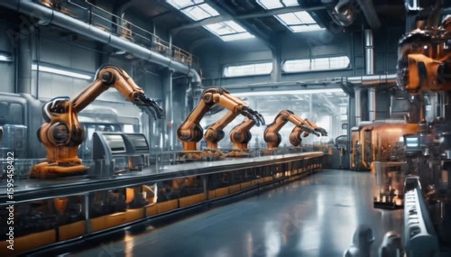 Futuristic factory interior with mechanical arms, seamless operations, and soft metallic hues for a high-tech vibe.