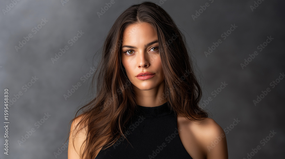 Fototapeta premium Model Standing Confidently In Front Of A Seamless Gray Backdrop, Softbox Lighting, Fashion Shoot Style