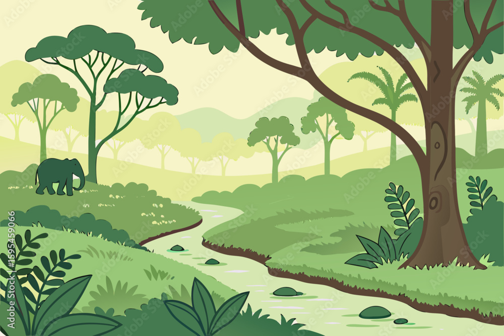 Naklejka premium Green jungle landscape with elephant and winding river