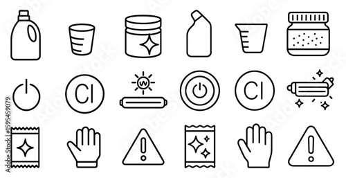 Set of icons for cleaning supplies, including a bottle of dish soap, a bottle of laundry detergent, and a bottle of glass cleaner