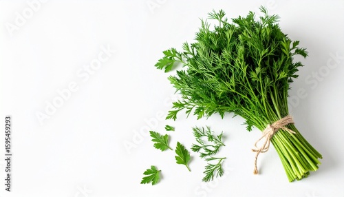 Fresh green parsley bunch tied with twine against a clean white background with scattered leaves