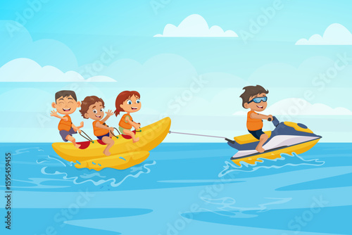 Kids Riding Banana Boat Pulled by Jet Ski