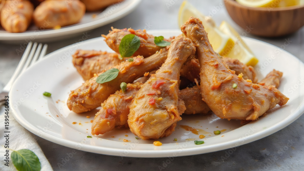 Delicious Fried Chicken Drumsticks with Lemon Wedges on White Plate, Close Up Delicious Fried Chicken Drumsticks with Lemon Wedges on White Plate, Close Up