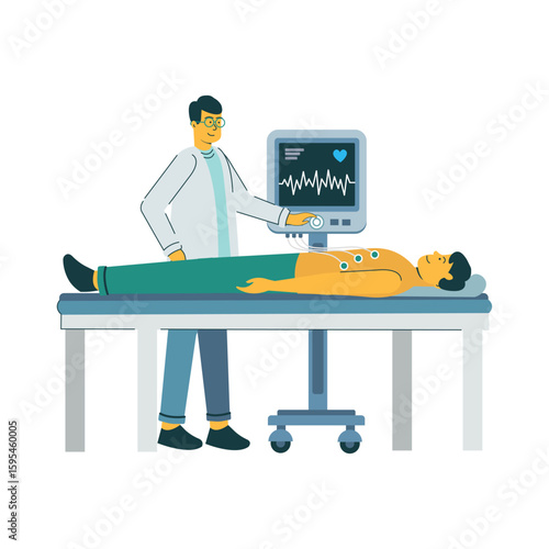 a man checking his heart rate on an ECG (Electrocardiogram) machine, typically shown with a character looking at a monitor or device displaying a heart rate waveform. 