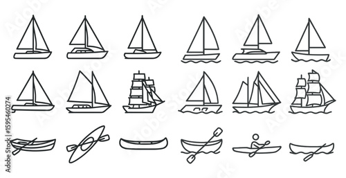 Series of boats in various sizes and shapes are shown in a line. The boats are all different types, including sailboats, canoes, and kayaks. Concept of adventure and exploration