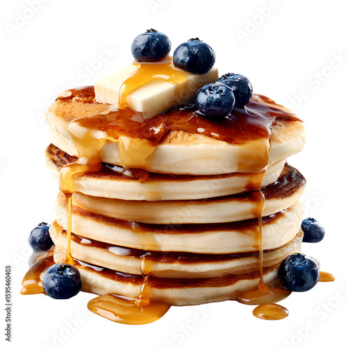 Stack of delicious pancakes with blueberries and syrup isolated on transparent background
