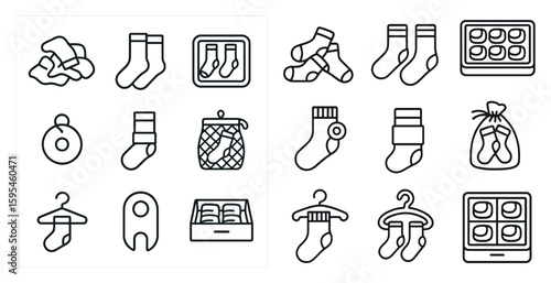 Set of black and white icons for clothing items, including socks, hangers, and baby clothes