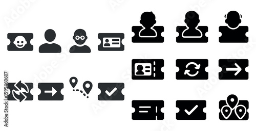 Set of black and white icons for tickets. The icons include a person with a ticket, a person with a ticket and a person with a ticket and a person with a ticket and a person with a ticket