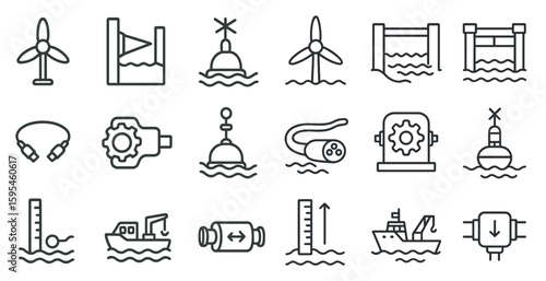 Series of water-related icons, including a boat, a ship, a windmill, and a buoy