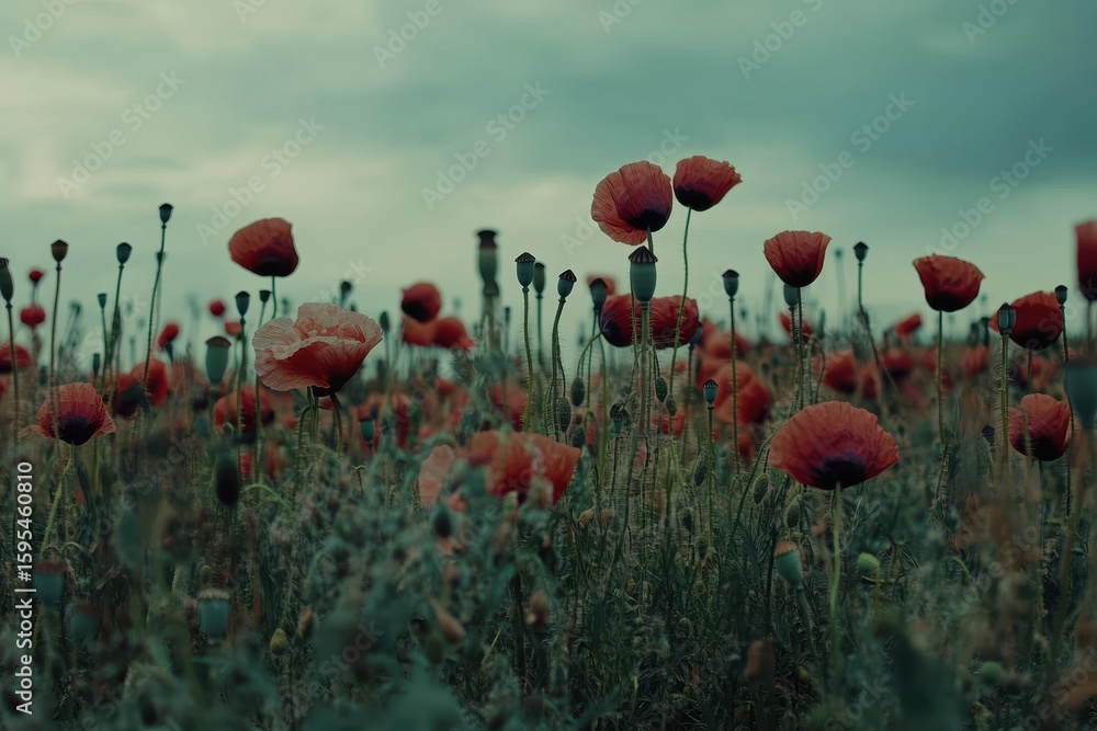 Obraz premium Close up of vibrant wild poppy field waving gently in the breeze during a tranquil afternoon, Field of poppies in the wild Close up Slow motion
