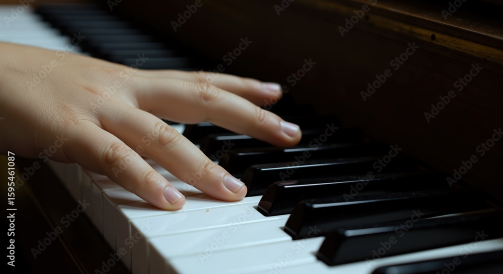 Obraz premium Hands playing piano keys with fingers on black and white keyboard. Close up view of musical performance. Piano playing and music education concept