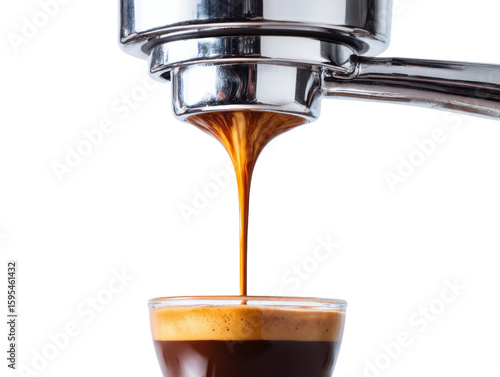 Brewing espresso shot coffee shop beverage indoor close-up craft. Isolated on transparent background, png.