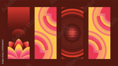 Four vertical abstract gradient graphics with floral and circular patterns 1