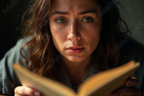 Young woman emotionally affected while reading, cinematic close-up portrait of quiet intensity and personal reflection

