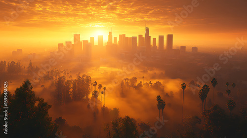 Golden Hour Sunrise over Los Angeles Skyline with Misty Hills
