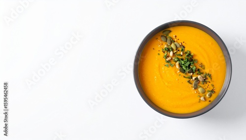 Creamy pumpkin soup topped with seeds and fresh parsley in a dark bowl on a white background