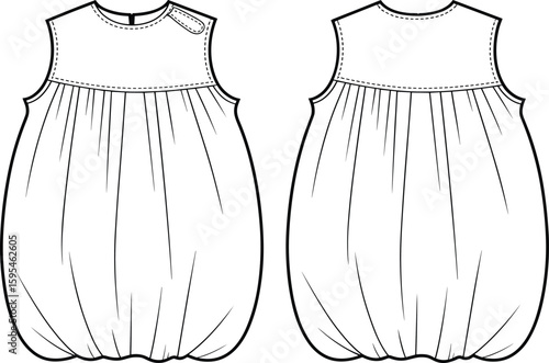 Sleeveless baby romper technical sketch with gathered bodice, bubble hem, buttoned back, front and back views, cad drawing flat vector illustration