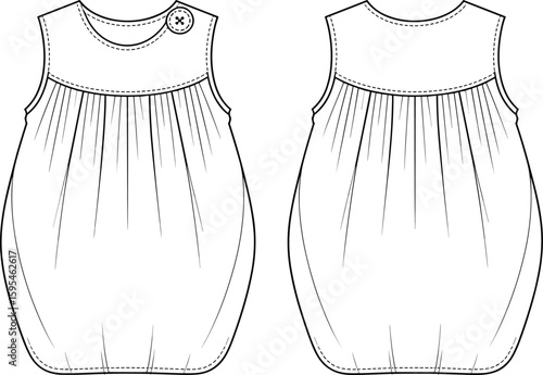 Sleeveless baby romper technical sketch front and back view with yoke detail, gathered bodice, shoulder button, cad drawing flat vector illustration