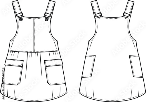 Sleeveless children's dress fashion sketch with patch pockets, fitted silhouette, rounded neckline, front and back views, cad drawing flat vector illustration
