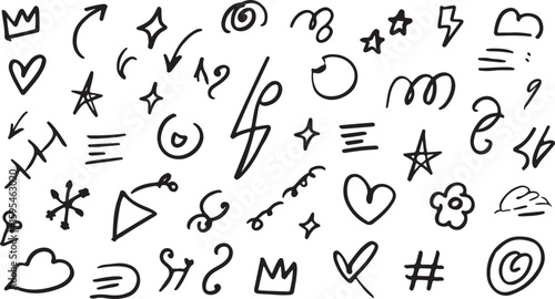 Doodle elements crown heart star lightning bolt arrow cloud flower swirl hash tag vector