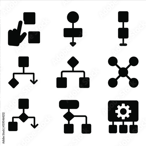 Workflow Automation Icons. Solid style icons of workflow design: drag-and-drop block, automation flow chart, sequence icon, node