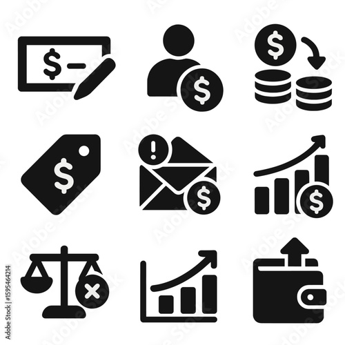 Income Tracking Icons. Solid style icons of income tracking: paycheck icon, freelance payment, passive income, income source tag,