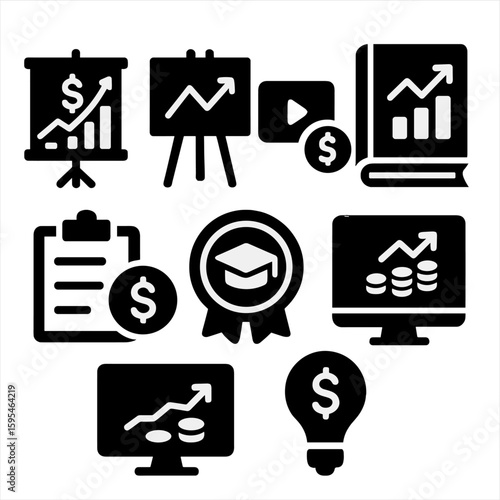 Investment Education Icons. Solid style icons of investment education: financial course, stock lesson, video tutorial, trading