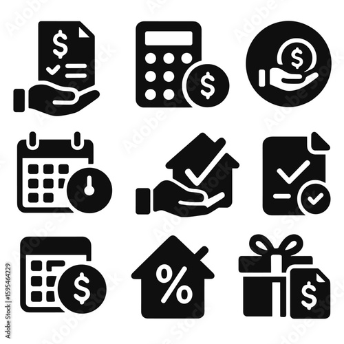 Loan Services Icons. Solid style icons of loan services: apply for loan icon, loan calculator, active loan badge, repayment