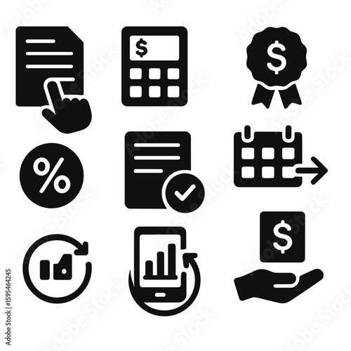 Loan Services Icons. Solid style icons of loan services: apply for loan icon, loan calculator, active loan badge, repayment