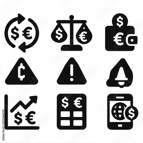 Currency Tools Icons. Solid style icons of currency tools: currency exchange icon, foreign currency balance, multi-currency
