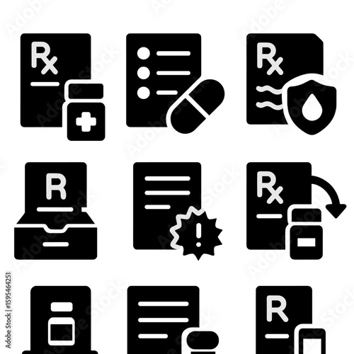 Prescription Record Icons. Solid style icons of prescription records: active prescription, medication list, dosage chart, pharmacy