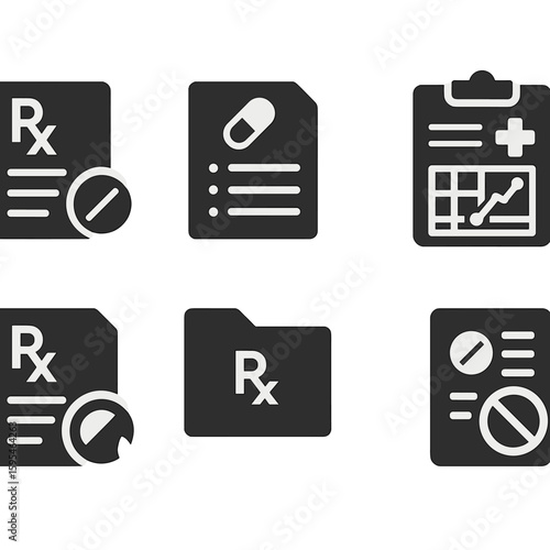 Prescription Record Icons. Solid style icons of prescription records: active prescription, medication list, dosage chart, pharmacy