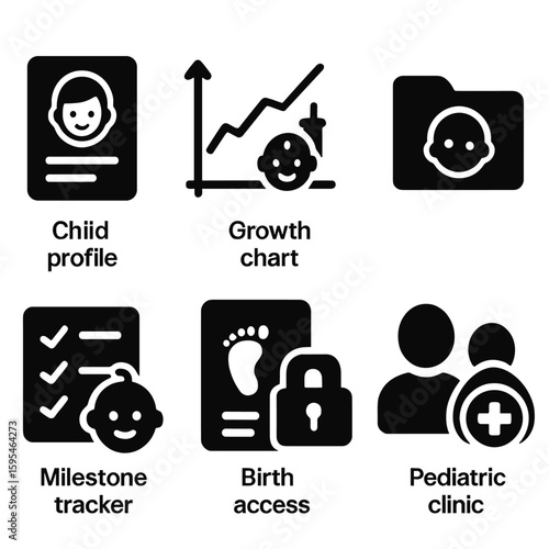 Pediatric Records Icons. Solid style icons of pediatric records: child profile icon, growth chart, baby immunizations, pediatric