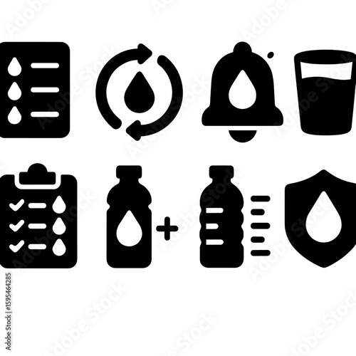 Hydration Tracker Icons. Solid style icons of hydration reminders: water intake log, hydration ring, drink water alert, glass of