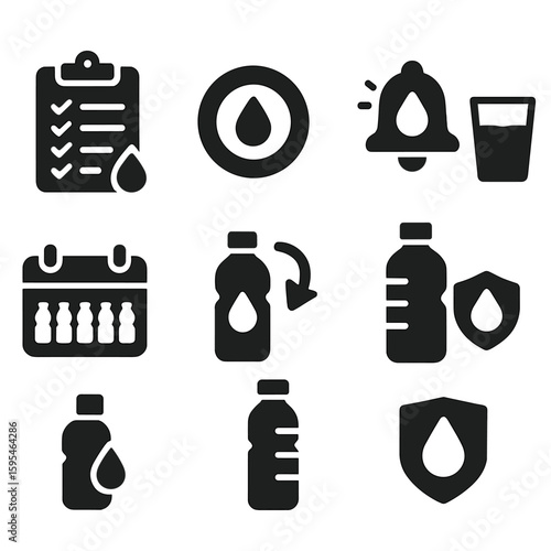 Hydration Tracker Icons. Solid style icons of hydration reminders: water intake log, hydration ring, drink water alert, glass of