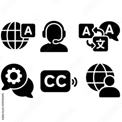 Multilingual Support Icons. Solid style icons of multilingual support: language selector, live interpreter, translated text,