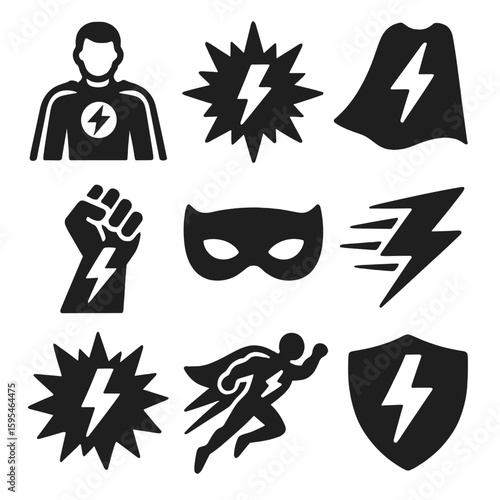 Superhero Icon Set. Solid style icons of superhero themes: superhero with bolt emblem, power burst icon, cape with lightning,