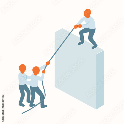 Isometric Teamwork Collaboration Pulling Rope Over Obstacle Together Illustration