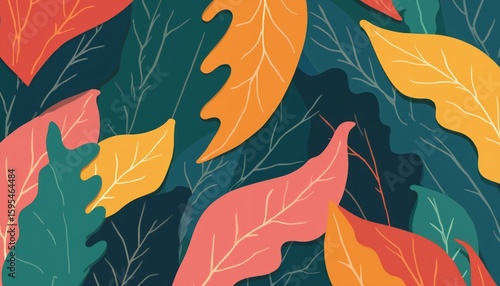 Vibrant abstract illustration features tropical foliage pattern. Bold, colorful leaves in shades of pink, orange, yellow, teal against dark green background. Stylized leaf shapes with subtle vein