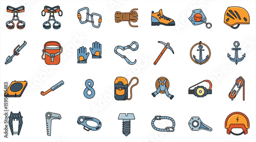 Essential Climbing Gear Collection Equipment and Accessories Vector Set - Icon Sheet
