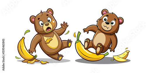 Funny Clumsy Bear Slipping on Banana Peel Vector Illustration – Hilarious Cartoon Animal Moment, Clean Background, Perfect for Stickers, T-Shirts, Posters, and Merchandise
