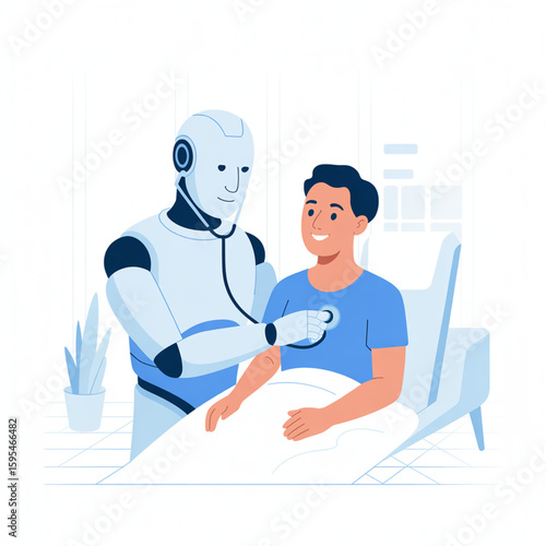 AI Robot Doctor with a Patient in Hospital - Modern Medical Technology Vector Illustration