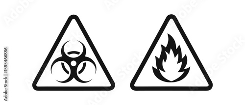 Two warning signs one biohazard symbol and one flammable symbol