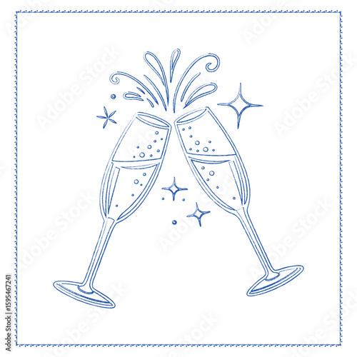 Hand-drawn clinking champagne glasses. Vector "Cheers" toast illustration for a New Year's Eve party, wedding, or anniversary celebration. Sketch doodle icon with sparkles.