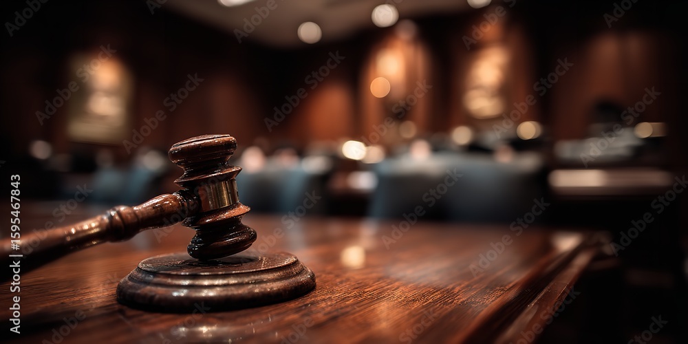 Obraz premium Wooden Gavel on Table in Empty Courtroom – Symbol of Justice and Legal Proceedings with Blurred Background and Dramatic Atmosphere