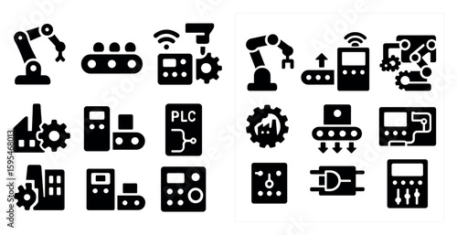 Collection of industrial icons, including a robot, convey the idea of manufacturing and production. The black and white images are simple and clear, emphasizing the industrial theme