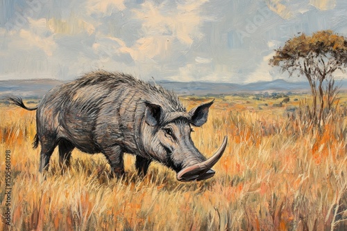 African warthog grazing in tall grass under a cloudy sky in the savannah landscape, African Warthog grazing