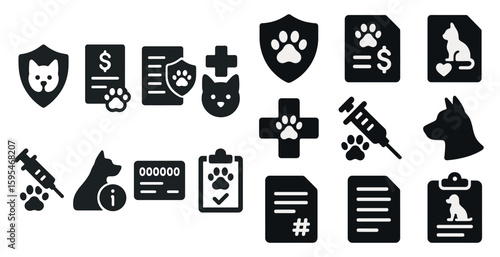 Set of black and white icons for a pet clinic. The icons include a cat, a dog, a shield, a check, a clipboard, a syringe, and a dollar sign