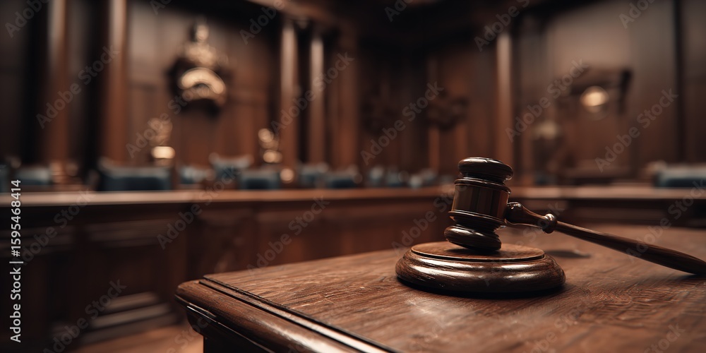 Obraz premium Wooden Gavel on Table in Empty Courtroom – Symbol of Justice and Legal Proceedings with Blurred Background and Dramatic Atmosphere